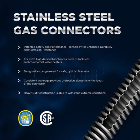 GUHD-TT14-12B Gas Line Hose 3/8'' O.D. x 12'' Length with 1/2 in. MIP Fitting, Uncoated Stainless Steel Flexible Connector, 12 Inch...