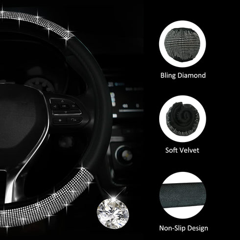Bling Steering Wheel Cover, Bling Crystal Rhinestone Car Steering Cover Universal 14.2-15.3 inch Glitter Car Wheel Cover Sparkling Accessories for...