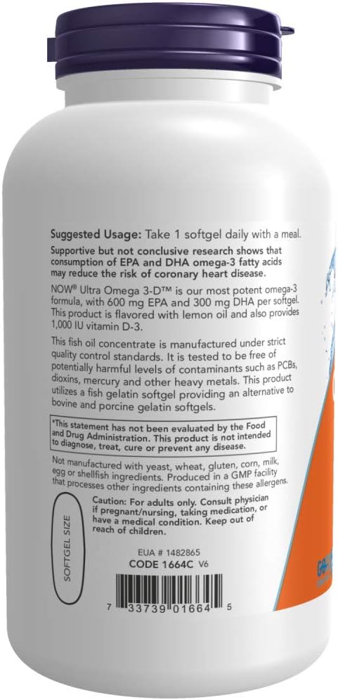 NOW Supplements, Ultra Omega 3-D™, Omega-3 Fish Oil + Vitamin D-3, Cardiovascular Support*, 180 Softgels...
