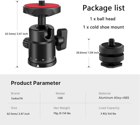 Universal 1/4" Swivel Mini Ball Head Screw Tripod Mount with Hot Shoe Mount, EszkozTA 360° Panoramic Rotating Mount Base Adapter for DSLR Cameras ...