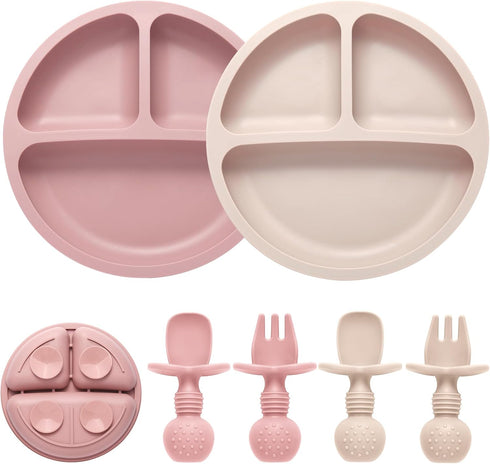 Silicone Baby Feeding Set, 2 Pack Divided Toddler Plates with Suction, 2 Pack Spoons and Forks Set, BPA Free, Baby Led Weaning Supplies for Baby U...