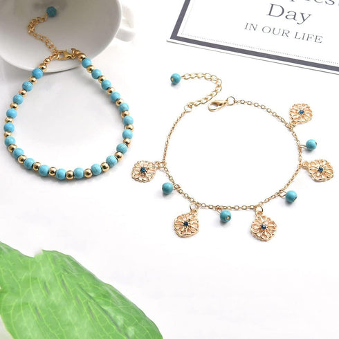 Boho Turquoise Anklet Bracelet Gold Flower Anklet Multi Layer Beads Anklet Beach Anklet Foot Chain Jewelry for Women and Teen Girls...
