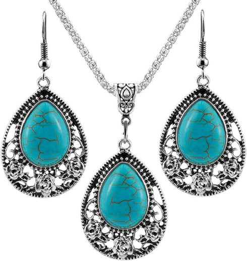 Harlorki Retro Vintage Bohemia Style Alloy Metal Chain Turquoise Pendent Necklace Hook Earrings Fashion Jewelry Set for Women Lady...