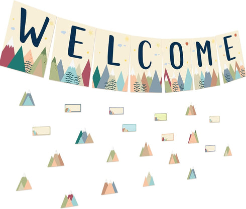 87Pcs Welcome Bulletin Board set Moving Mountains Bulletin Boarder Welcome Banner Classroom Decoration Paper Cutouts for School Supplies Wall Deco...