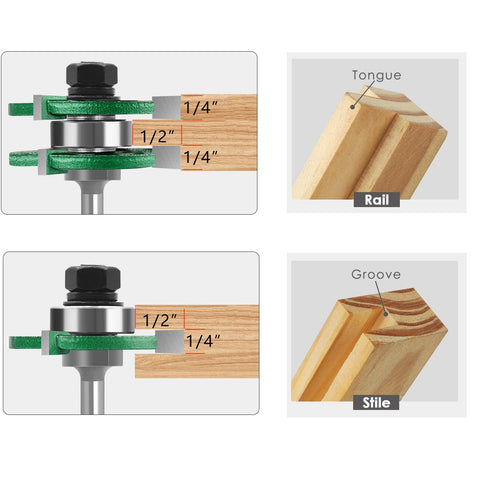 Pro Tongue and Groove Router Bit Set of 2 Pieces 1/4 Inch Shank Router Bit Set 3 Teeth Adjustable T Shape Wood Milling Cutter (Tongue and Groove R...