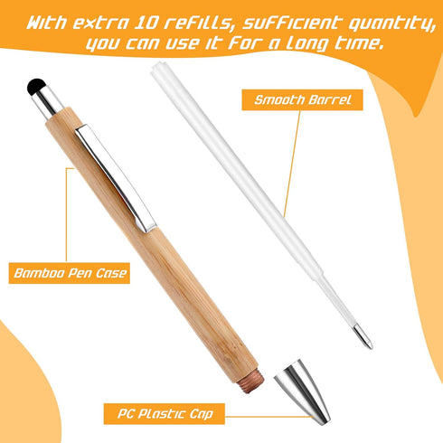 Retractable Ballpoint Pen with Stylus Tip, 10 Bamboo Wooden Ball Point Pens with 10 Replaceable Refills 1.0mm Medium Point Black Ink Pen Stylus Pe...