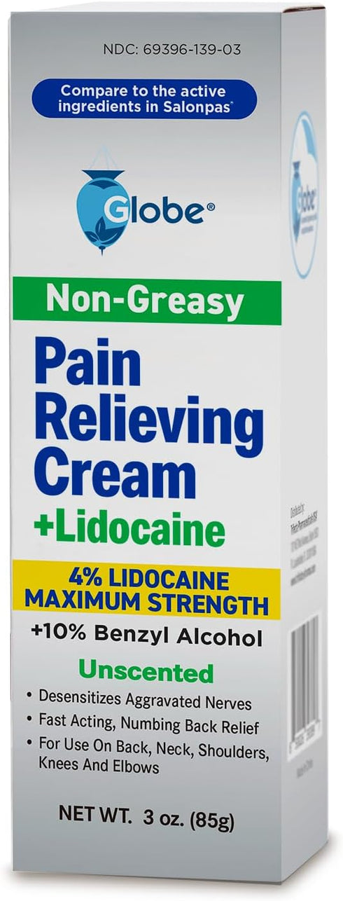 Globe Pain Relieving Cream Plus 4% Lidocaine, Fast Acting, Numbing Relief, Unscented, Compare to The Brand Name Lidocaine Plus Pain Relieving Crea...