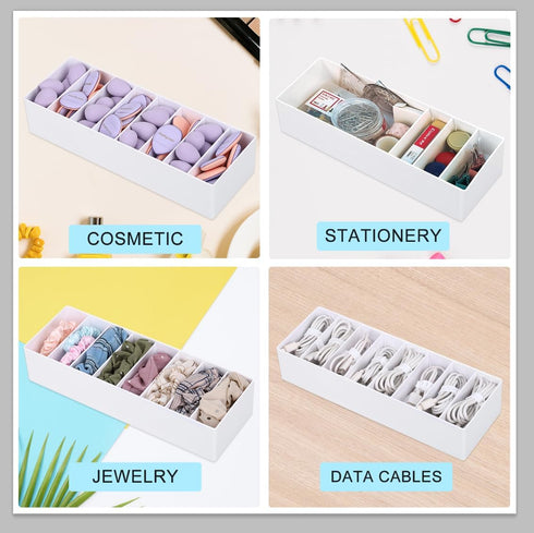 White Plastic Cable Organizer Box with Adjustment Compartments, Stackable Desk Accessories Storage Case with 7 Wire Ties for Drawer Supplies, Stat...