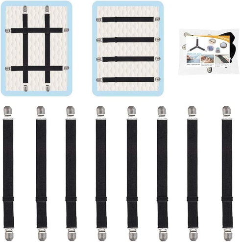 8Pcs Adjustable Bed Sheet Straps Clips, Elastic Mattress Sheet Fasteners Holder and Suspenders, Grippers to Hold Sheet, Mattress, Sofa, Couch, Tab...