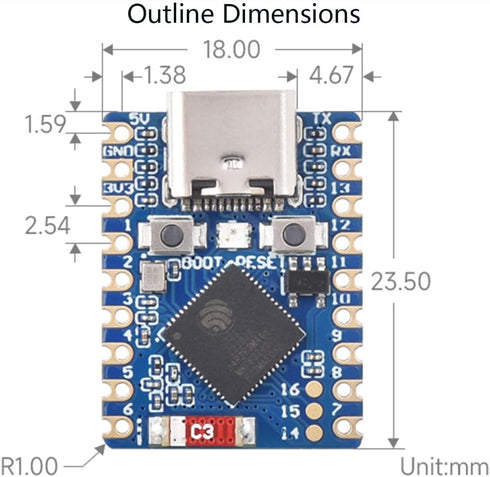 ESP32-S3 Mini Development Board, Based on ESP32-S3FH4R2 Dual-Core Processor, 240MHz Running Frequency, 2.4GHz Wi-Fi & Bluetooth 5, Onboard 4MB Fla...