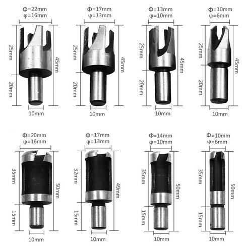8Pcs Wood Plug Cutter Drill Bit Set, High Carbon Steel Titanium Coated Woodworking Chamfer Drill Bits Straight and Tapered Taper 6mm/ 10mm/ 13mm/ ...