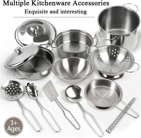 Mini Kids Stainless Steel Cookware Kitchen Cooking Toys Pretend Utensils with Cookware Play Pots and Pans Playset ,Cooking Utensils Pot Rack Organ...