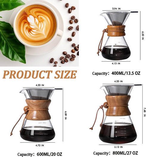 Pour Over Coffee Maker with Reusable Stainless Steel Drip Filter, Lead-Free Borosilicate Glass Coffee Carafe with Modern Wooden Collar for 1-6Cup,...