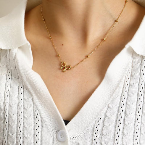Gold Bow Earrings Necklace Bracelet Jewelry Set for Women-Ribbon Bowknot Stud Earrings Pendant Choker Necklace Bracelet 18K Gold Plated Bow Valent...