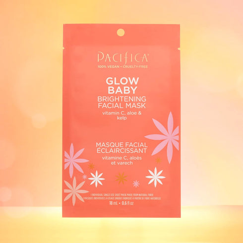 Pacifica Beauty, Glow Baby Brightening Face Mask, Sheet Mask, Skincare, Vitamin C, Aloe, Kelp, Brightening, Glowing Skin, Dullness, Fine Lines, Da...