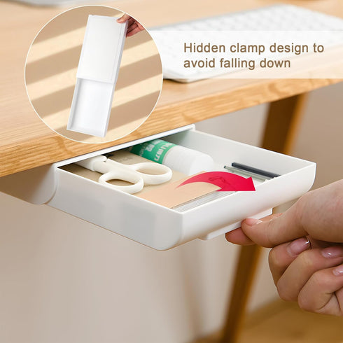 2 Pcs Under Desk Drawer, Self-Adhesive Hidden Desktop Organizer, Attachable Plastic Desk Drawer Slide Out, Table Storage Tray for Pencil Pen Stati...