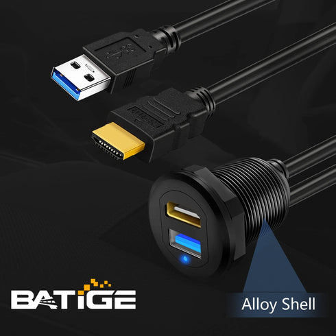 BATIGE USB 3.0 HDMI Car Mount Flush USB Port Cable, Alloy Shell HDMI USB3.0 Dash Panel Extension Cable with LED Indicator for Car Boat Motorcycle ...