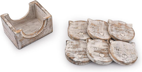 NIRMAN Wooden Crafted Unique Adorable Cat Shaped Coasters Set of 6 with Holder, Bar Dining Table Home Décor...