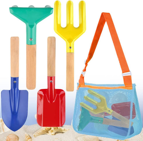 Beach Toys for Kids, 4 Pcs 8'' Sand Toys Set Metal Garden Tools with Sturdy Wooden Handle, Mesh Beach Bag (Blue),Gardening Equipment Fork, Rake, F...