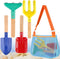 Beach Toys for Kids, 4 Pcs 8'' Sand Toys Set Metal Garden Tools with Sturdy Wooden Handle, Mesh Beach Bag (Blue),Gardening Equipment Fork, Rake, F...