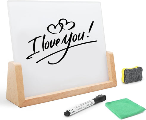 Desktop Glass Whiteboard with Wood Base, Small Whiteboard Glass Dry Erase Board Mini Whiteboard Portable Desk Whiteboard for Home, Office, 6.9x5.8...