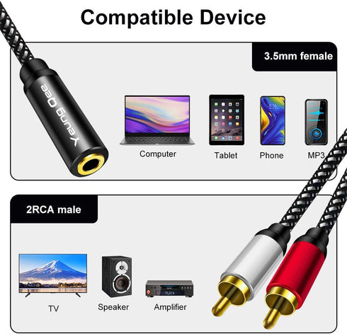 3.5mm Female to 2RCA Male Stereo Audio Y Adapter Cable Compatible for TV,Smartphones, MP3, Tablets,Speakers,Home Theater (3FT/1M)...