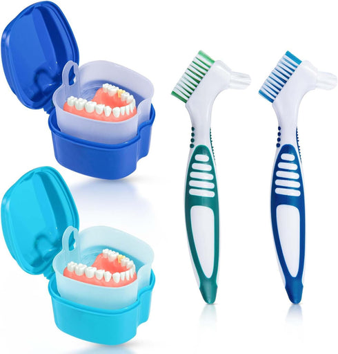 2 Pack Denture Bath Case Cup Box Holder Storage Container with Denture Cleaner Brush Strainer Basket for Travel Cleaning (Light Blue and Blue)...