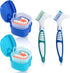2 Pack Denture Bath Case Cup Box Holder Storage Container with Denture Cleaner Brush Strainer Basket for Travel Cleaning (Light Blue and Blue)...