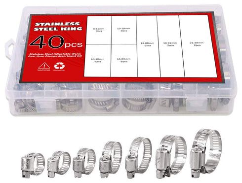 Hose Clamp Kit - 40 Piece 307 Stainless Steel 7 Sizes 6-38mm - Hose Clamps Assortment Pipe Clamp Adjustable - Clamp Assortment Kit, Fuel Line Clam...