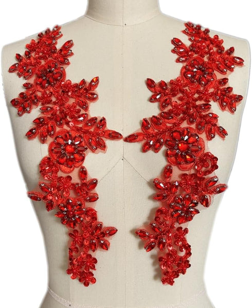 1 Pair Rhinestones Lace Applique Accessories Handsewing Glass Beads Stones Trim Patches for DIY Girl Wedding Dress Decorations (Red)...