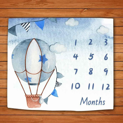 Blue Baby Monthly Milestone Blanket, Cartoon Hot Air Balloon Star Newborn Photo Baby Memory Blanket Nursery Baby Swaddle Blanket, 48x40 Inches BTX...