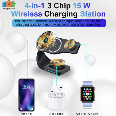 Mrkytplace 4 in 1 Faster Mag-Safe Wireless Charging Station for iPhone 14,13,12 Pro/Max/Mini/Plus, Apple Watch 8/7/6/SE/5/4/3/2 and Airpods 3/2/Pr...