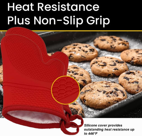 Oven Mitts Heat Resistant Silicone, Kitchen Gloves & Pot Holders, Cotton Lining, Non-Slip, Flexible, Durable, Easy Clean, Cooking, Baking, Grillin...