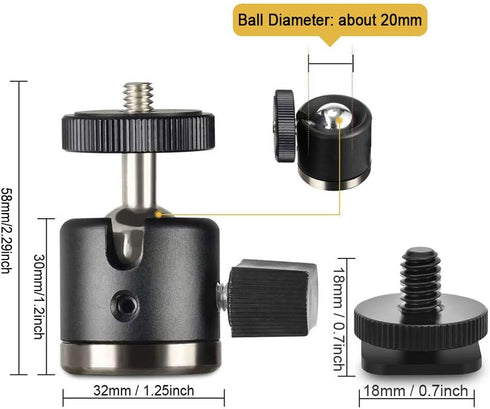 UTEBIT Mini Ball Head, Tripod Head with 1/4" hot Shoe, 360° Rotatable Ball Heads Camera Mount Adapter, Aluminium 20mm Ballhead Compatible with Tri...