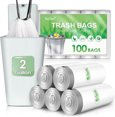 2 Gallon/7.5 Liter 100 Counts Small Drawstring Trash Bags Garbage Bags by RayPard, fit 1.8,2,2.2 Gal Waste Basket, Small Plastic Trash Can Liner f...
