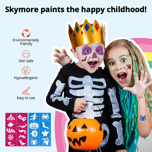Skymore Glow in The Dark UV Body Paint 15pcs Face Paints for Kids & UV Neon Glow Face Painting Kits with 2 Brushes&Stencils for Halloween and Part...