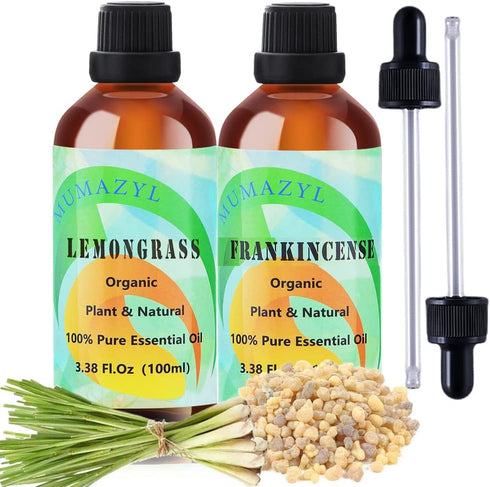 Essential Oil Set, Frankincense Lemongrass Essential Oil for Diffuser Home Office Bedroom Bathroom Study Living Yoga Room Essential Oils, 100ml 2 ...