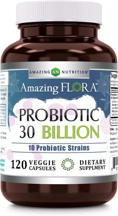 Amazing Flora Probiotic 10 Best Probiotics Strains | 30 Billion | Veggie Capsules Supplement | Non-GMO | Gluten Free | Made in USA (1 Pack, 120 Co...