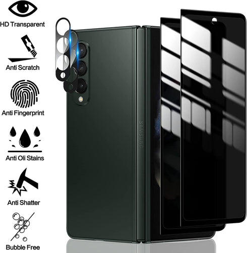Tempered Glass Front Screen Protector Compatible with Samsung Galaxy Z Fold 3 5G+ 2X Privacy Inner Soft Protector+ 2X Camera Lens Protector+ 2X Si...