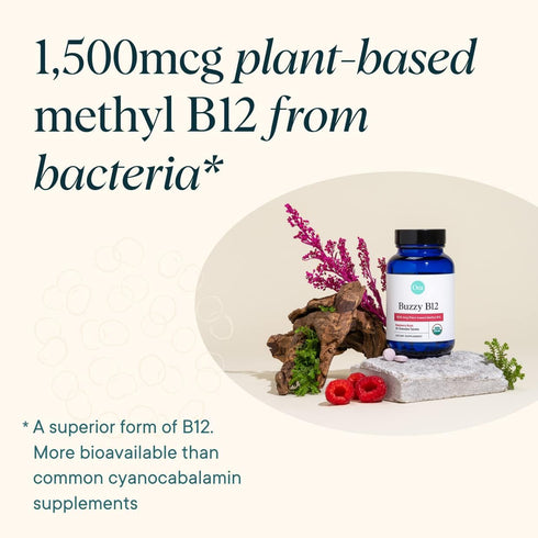 Ora Organic Vitamin B12 1500mcg - plant-based methylcobalamin for adults - Natural stimulant-free energy, Raspberry flavor chewable tablets, no ad...