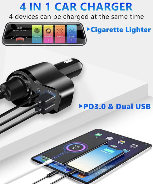 4 in 1 USB C Car Charger, 168W Multi USB Cigarette Lighter Adapter, Socket Splitter with 3 USB Ports, 12V/24V Dual USB Type C PD Fast Car Charger ...