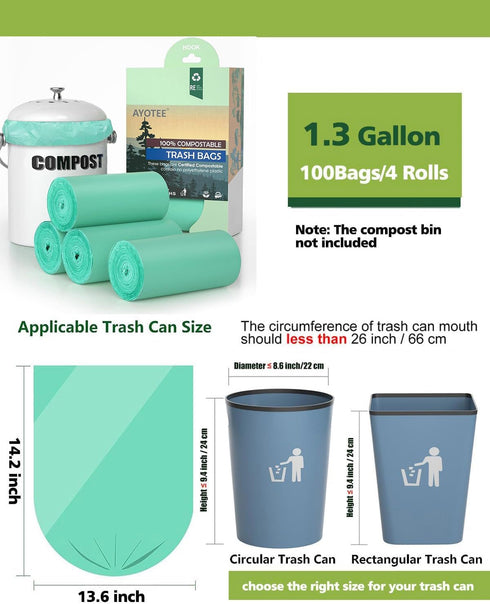 AYOTEE 100% Compostable Trash Bags, 100 Count Small Compost Bags 1.3 Gallon, 5-6L Small Trash Bags Compostable Bags for Kitchen Compost Bin, Meeti...