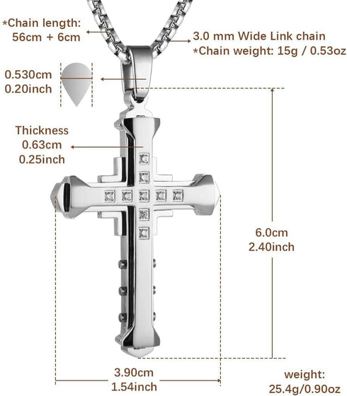 HZMAN Religion Men's Large Byzantium Stainless Steel Cubic Zirconia Cross Necklace Pendant 22 + 2 Inch Chain...