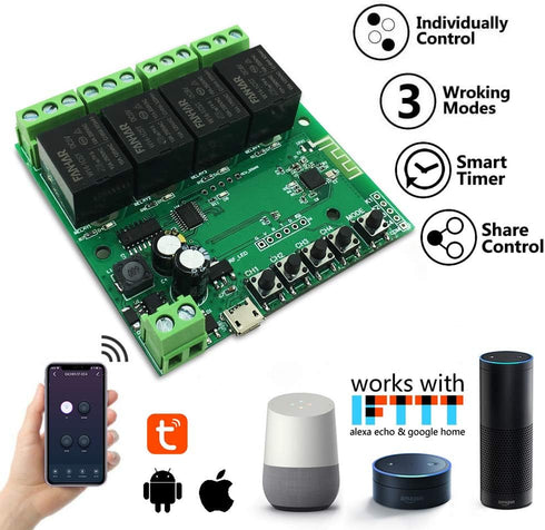 4-Channel WiFi Smart Switch Relay Module, TUYA/Smart Life App for Smart Home Remote Control, Momentary Time Adjustable, Compatible with Alexa/Goog...