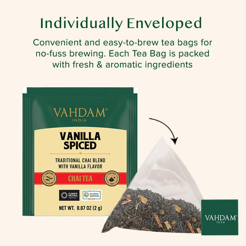 VAHDAM, Vanilla Chai Tea Bags (30 Count) High Caffeine, Non GMO, Gluten Free | Individually Wrapped, Full-bodied & Malty | No Artificial Flavor | ...