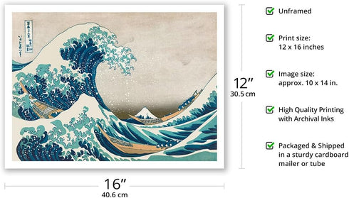 The Great Wave off Kanagawa - Mount Fuji - Vintage Japanese Woodblock Print by Hokusai c.1830s - Bamboo Fine Art 290gsm Paper (Unframed) 12x16in...