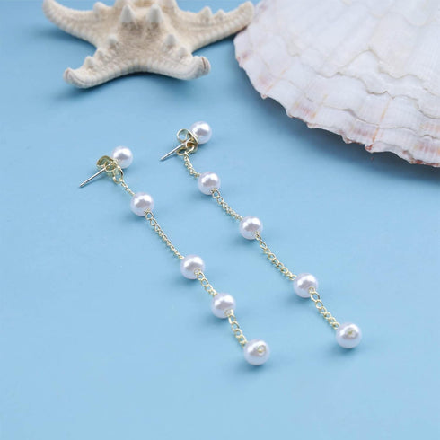 Boho Dangle Pearl Drop Earrings Long Tassel Pearl Earrings Vintage Pearl Studs Earrings Wedding Pearl Chain Earrings jewelry for Women and Girls...