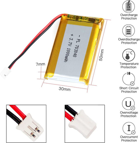 3.7V 1000mAh Battery 703048 Lithium Polymer Ion Rechargeable Li-ion Li-Po Battery with 2P PH 2.0mm Pitch Connector...