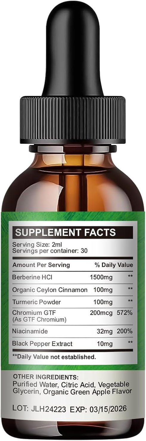 Berberine HCL Liquid Drops - 1500 mg Berberine Supplement with Ceylon Cinnamon, Chromium, Turmeric, Niacinamide - Supports Metabolism and Immune S...