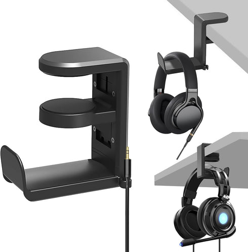 Headphone Holder Under Desk, Gaming Headset Headphone Hook Hanger Hook, Headphone Stand with 360-Degree Adjustable Rotating Arm Clamp- Built in Ca...